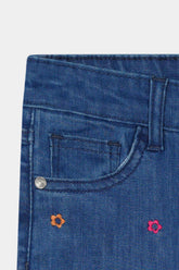 Girls Mid Blue  Wide Leg  Embroidered Pant